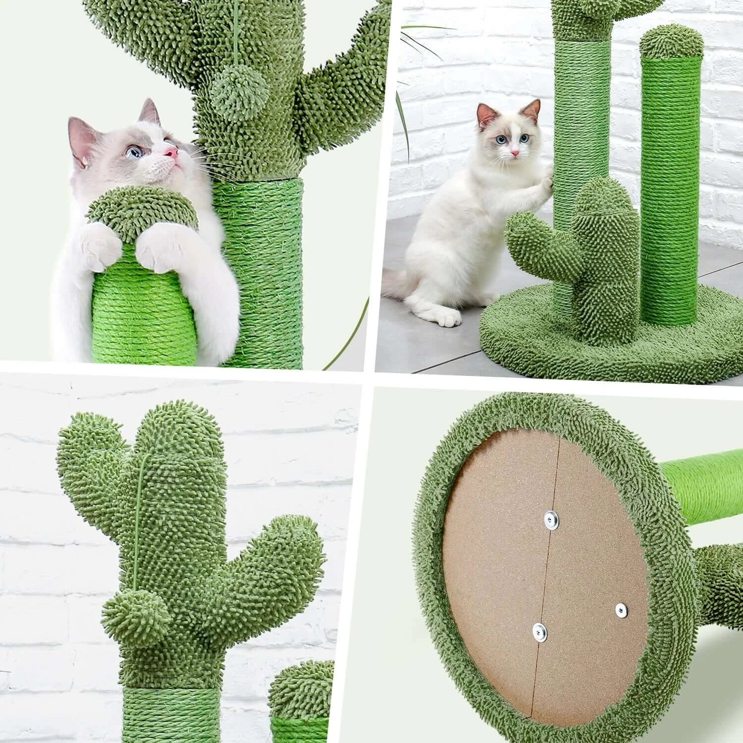 Cactus Cat Scratching Post-KittyCacti with green sisal poles, soft base, and playful cats enjoying their new scratching toy.