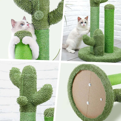 Cactus Cat Scratching Post-KittyCacti with green sisal poles, soft base, and playful cats enjoying their new scratching toy.