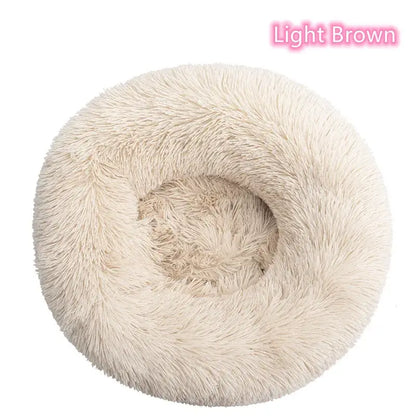 Light brown round dog donut bed, plush and cozy for small dogs and cats, perfect for anxiety relief and comfort.