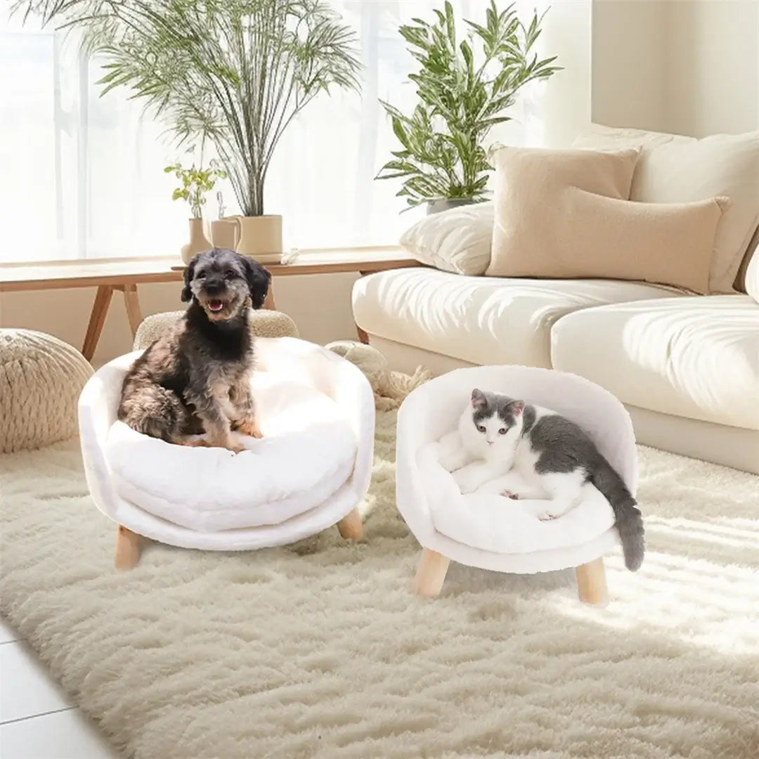 Luxury plush cat bed with wooden legs for small pets, featuring a dog and cat lounging comfortably in a stylish home setting.