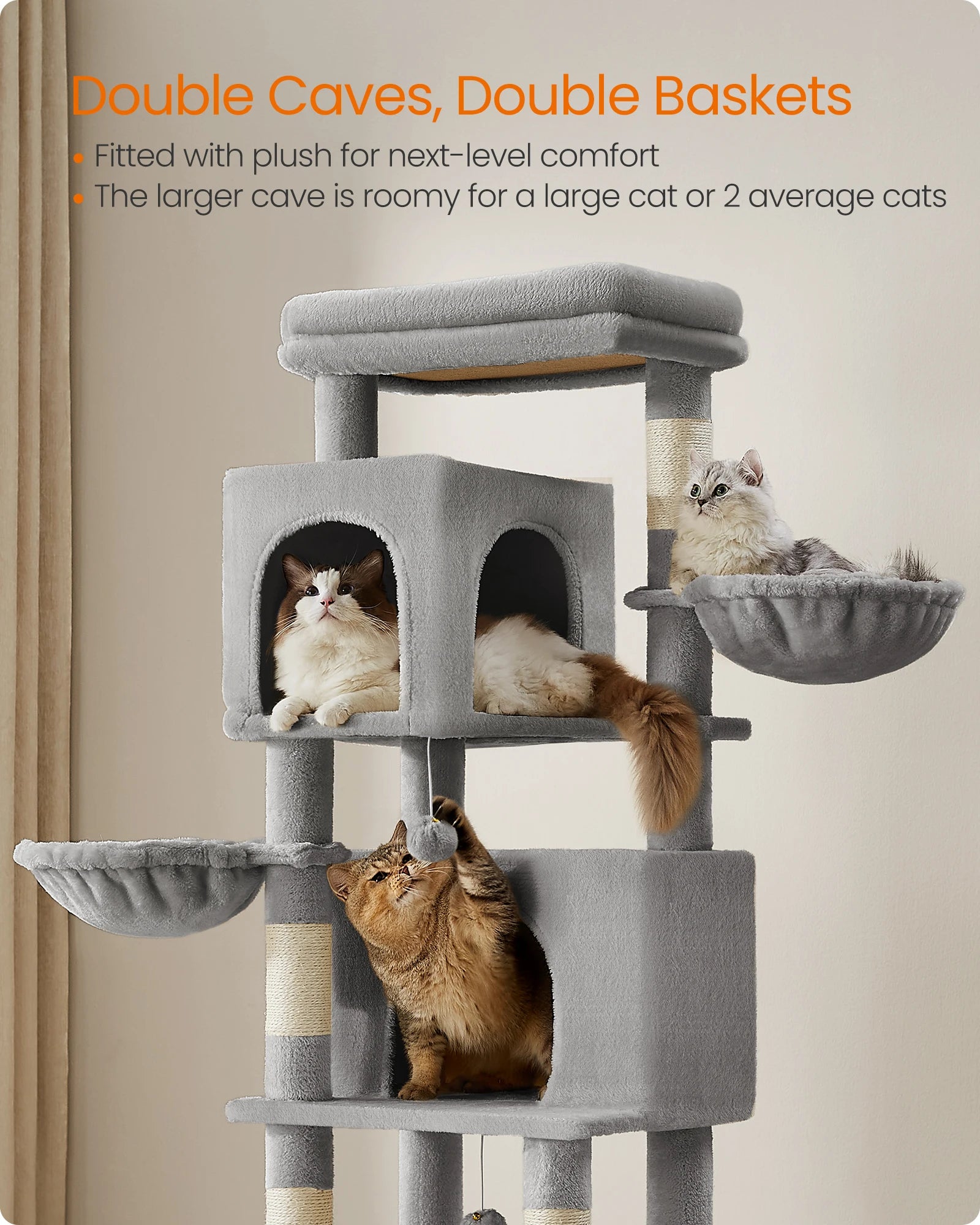 Cat tower for large cats with double caves and baskets, designed for comfort and play.