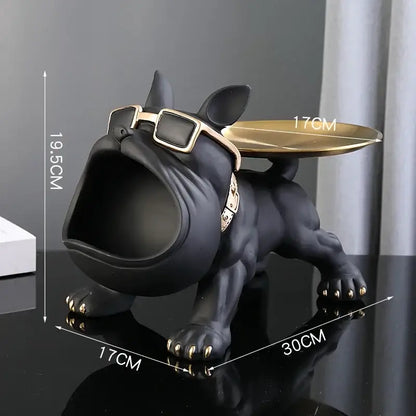 Black resin bulldog statue with gold plate, stylish storage box for home decor.