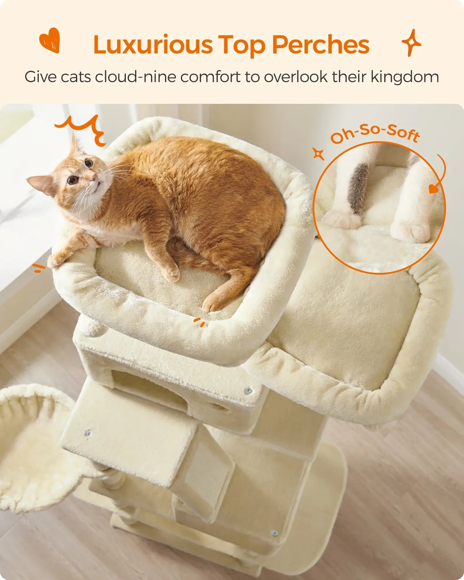 Cat lounging on a soft top perch of a multi-level cat tree, providing a cozy view for playful indoor cats.