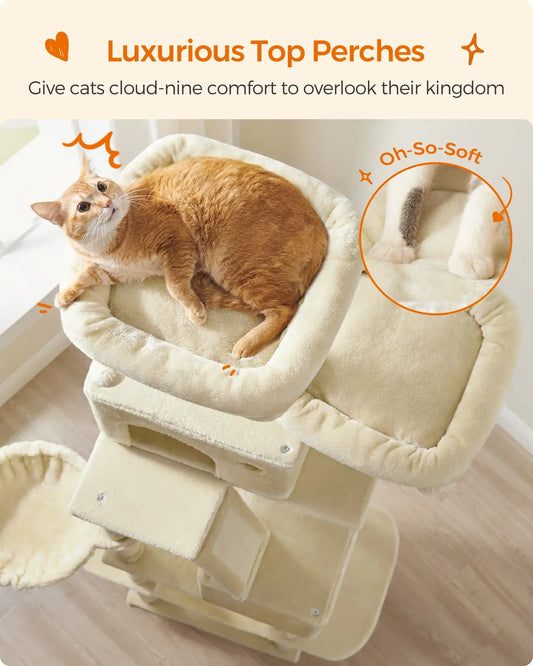 Cat lounging on a soft top perch of a multi-level cat tree, providing a cozy view for playful indoor cats.