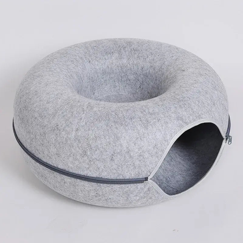 Cozy gray donut cat bed tunnel designed for relaxation and play with a zipper feature.