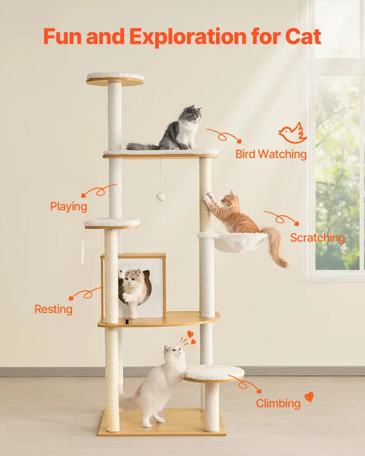 Cat Tower for large cats featuring climbing, playing, scratching, and resting areas with multiple cats enjoying the playground.