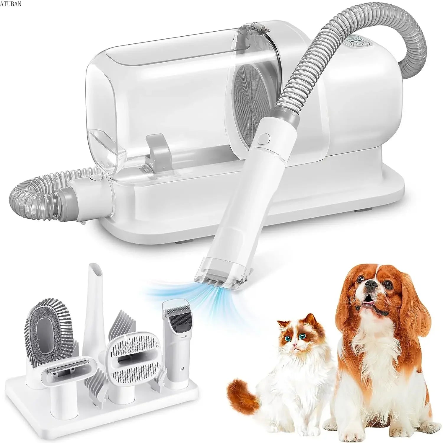 Dog grooming vacuum with attachments and pet brushing tools, ideal for cleaning pet hair at home.