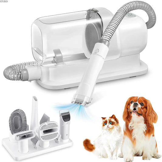 Dog grooming vacuum with attachments and pet brushing tools, ideal for cleaning pet hair at home.
