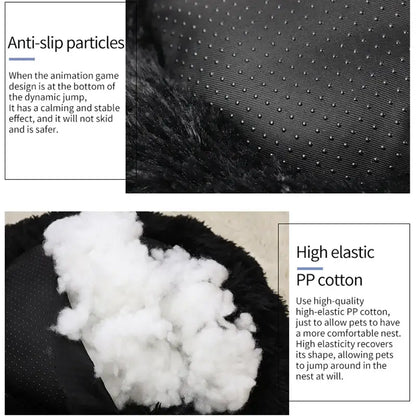 Features of the FurEver Pet Bed, highlighting anti-slip particles and high-elastic PP cotton for comfort and safety.