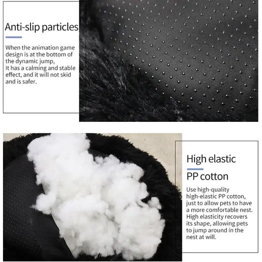 Features of the FurEver Pet Bed, highlighting anti-slip particles and high-elastic PP cotton for comfort and safety.