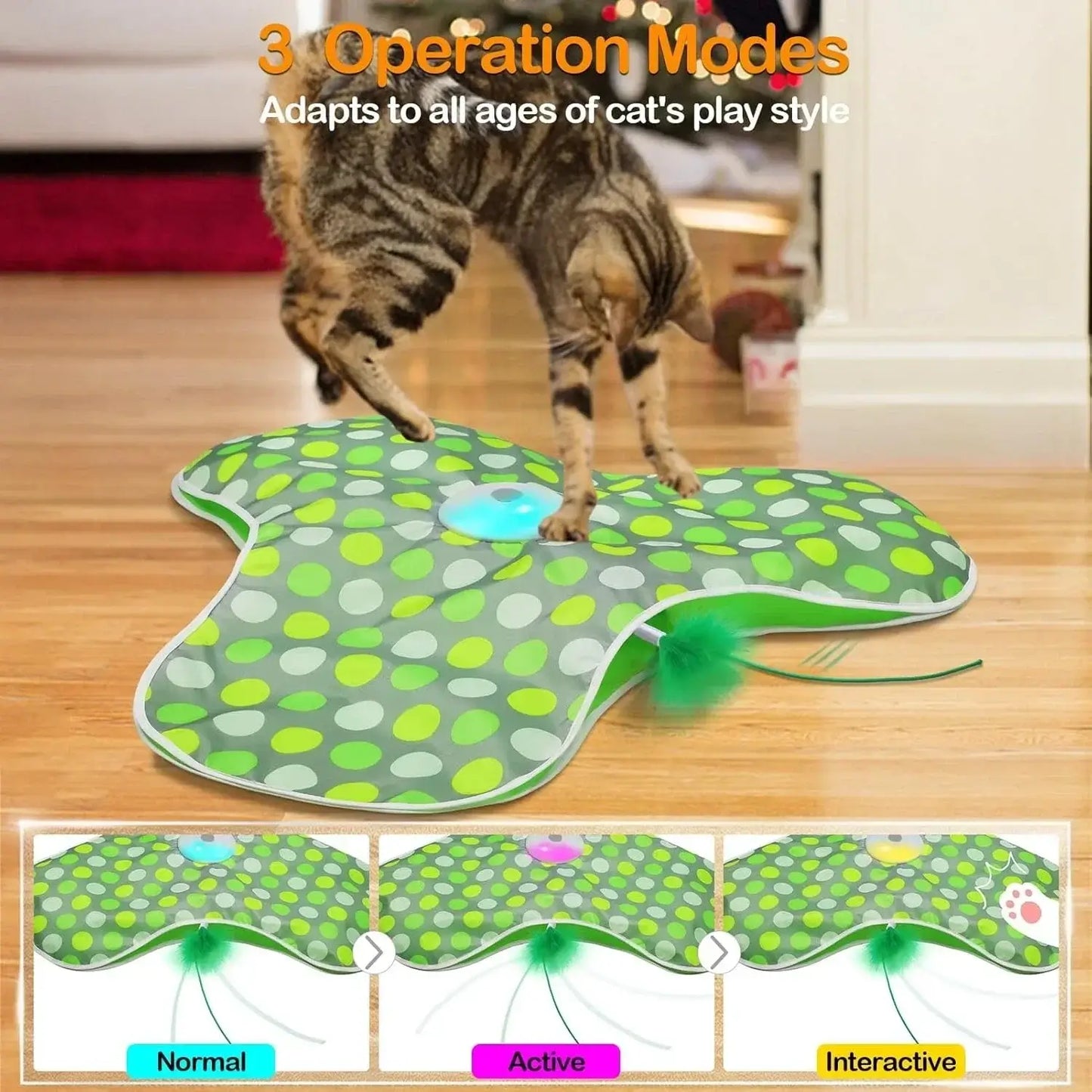 Interactive cat toy with squeaky mouse in three operation modes for all ages of cats.