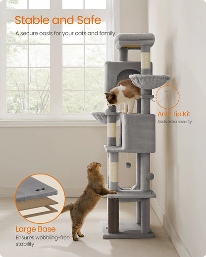Cat tower for large cats featuring a stable design, large base, and anti-tip kit for safety.