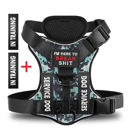 Stylish service dog vest harness with training labels, camo design, and humorous text for service dogs.