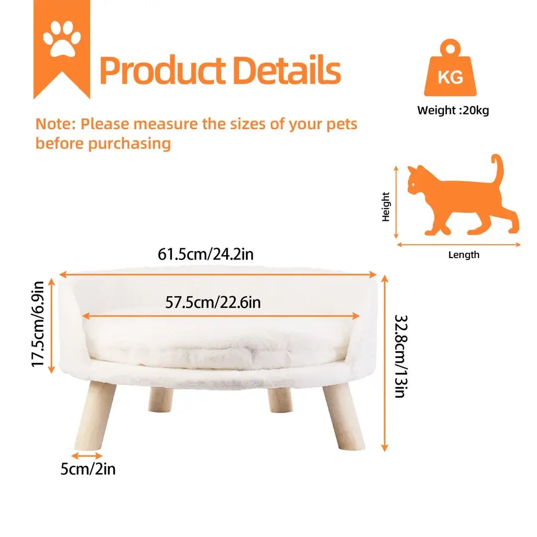 Product details for Royal Paws Luxury Cat Bed, dimensions and features for small and medium pets.