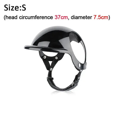 Small black pet motorcycle helmet with adjustable straps, head circumference 37cm, designed for dog and cat safety.