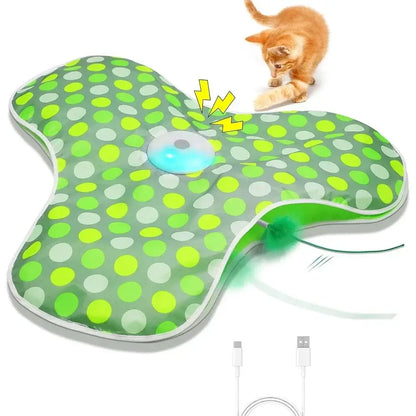 Interactive cat toy with squeaky mouse, featuring a colorful, polka dot design and a playful kitten engaging with it.