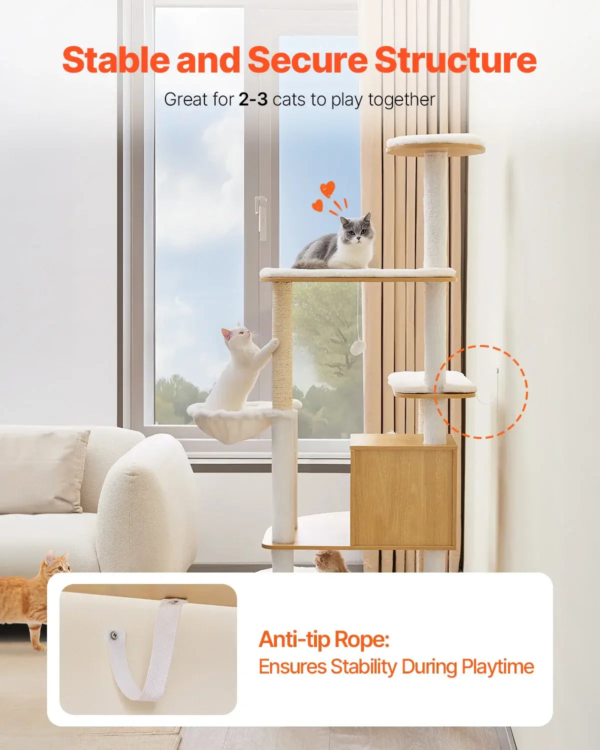 Stable and secure cat tower with anti-tip rope, perfect for 2-3 large cats to play together and observe from above.