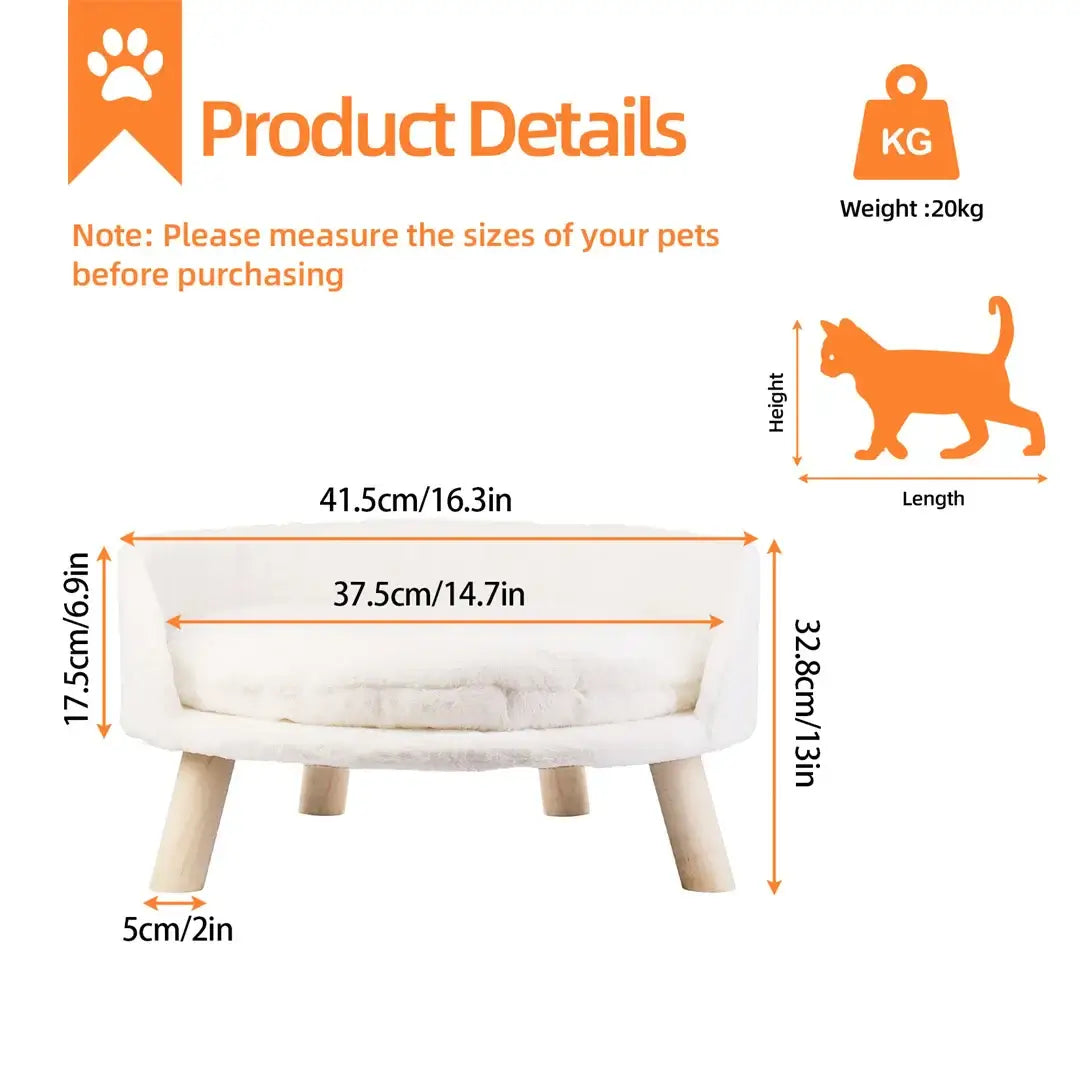 Product size guide for Royal Paws Luxury Cat Bed, showing measurements and weight limit for small and medium pets.