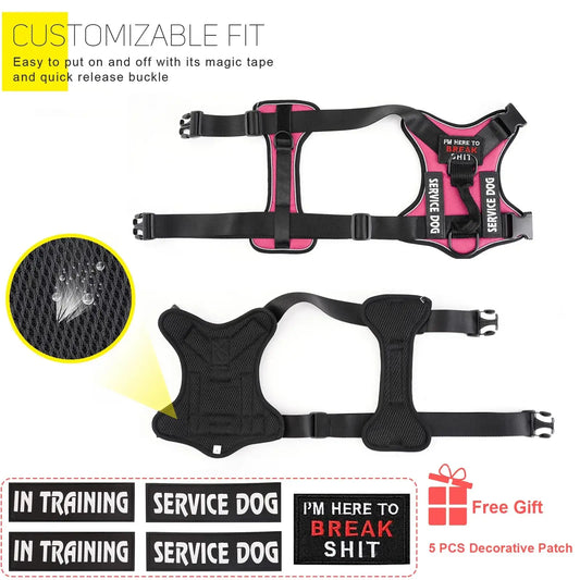 Reflective dog vest and harness with customizable fit and decorative patches for service dogs.