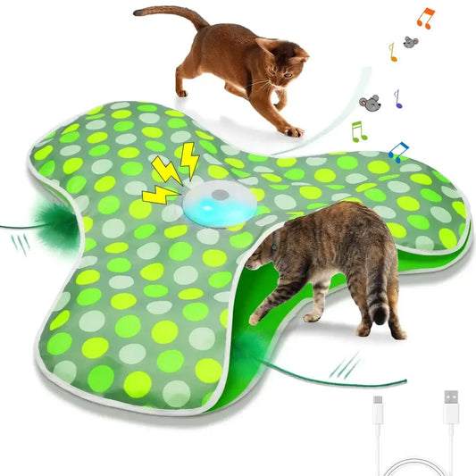 Interactive cat toy with squeaky mouse, featuring playful cats and bright design with sounds and lights.