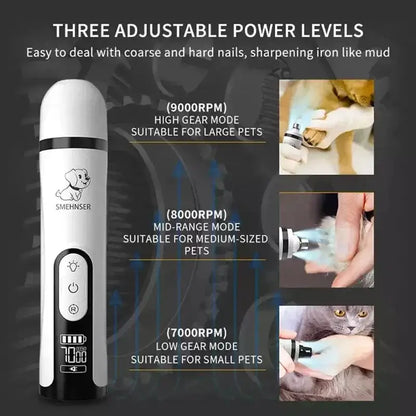 Image showing three adjustable power levels for a pet nail grinder, suitable for small to large pets with user-friendly controls.