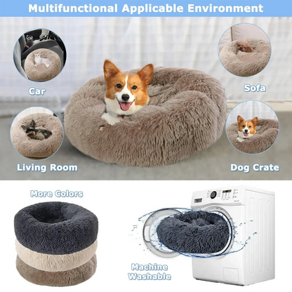 Multifunctional cozy donut pet beds for dogs and cats in various settings, including car, sofa, living room, and dog crate.