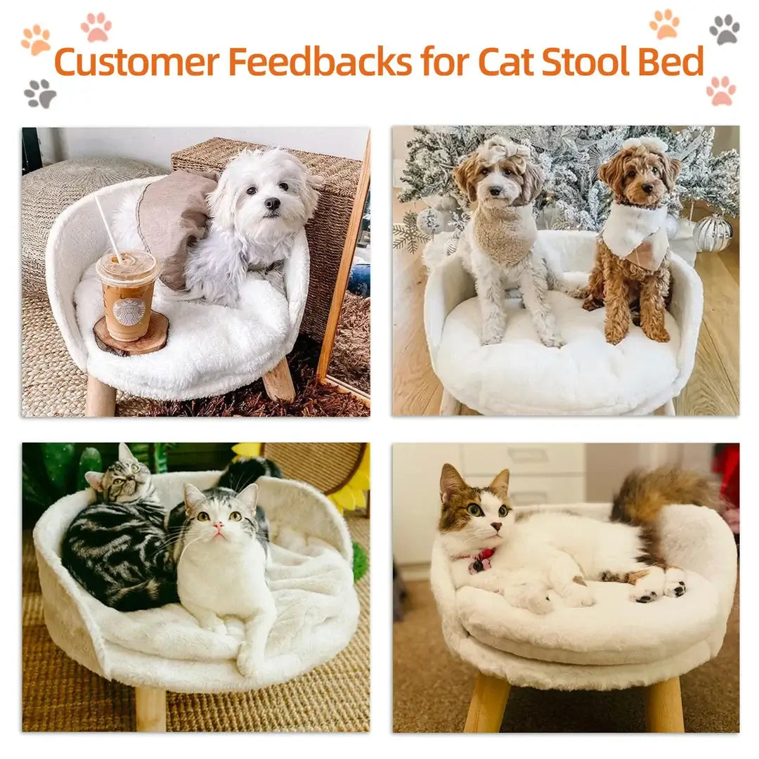 Customer feedback photos showcasing dogs and cats relaxing in the luxury plush cat stool bed.