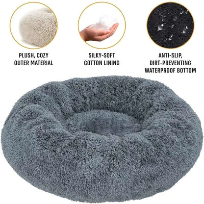 Plush cozy gray round pet bed featuring silky-soft cotton lining and waterproof bottom, perfect for small dogs and cats.