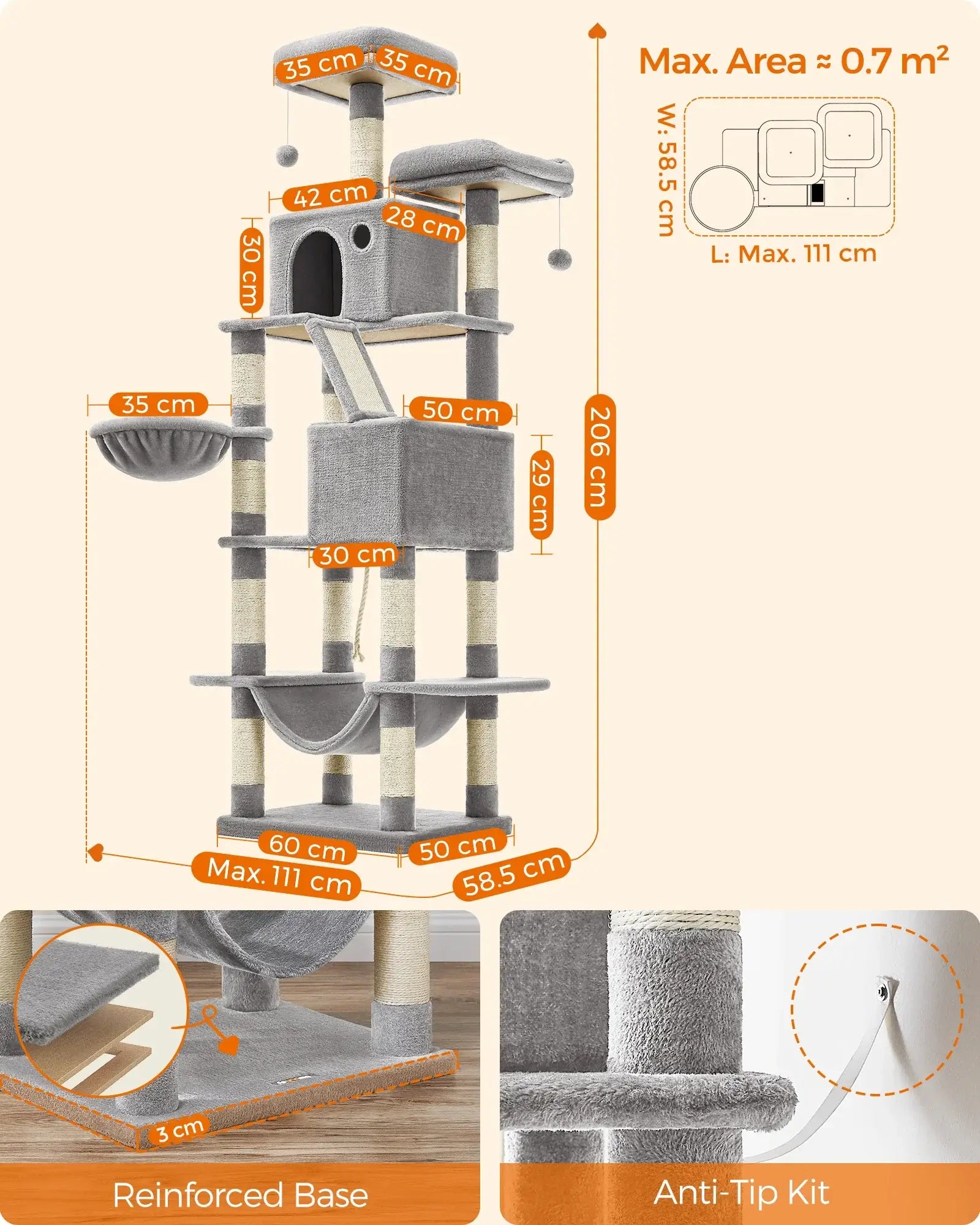 PurrTower 206cm Multi-Level Cat Tree with dimensions, reinforced base, and anti-tip kit for safe indoor climbing.