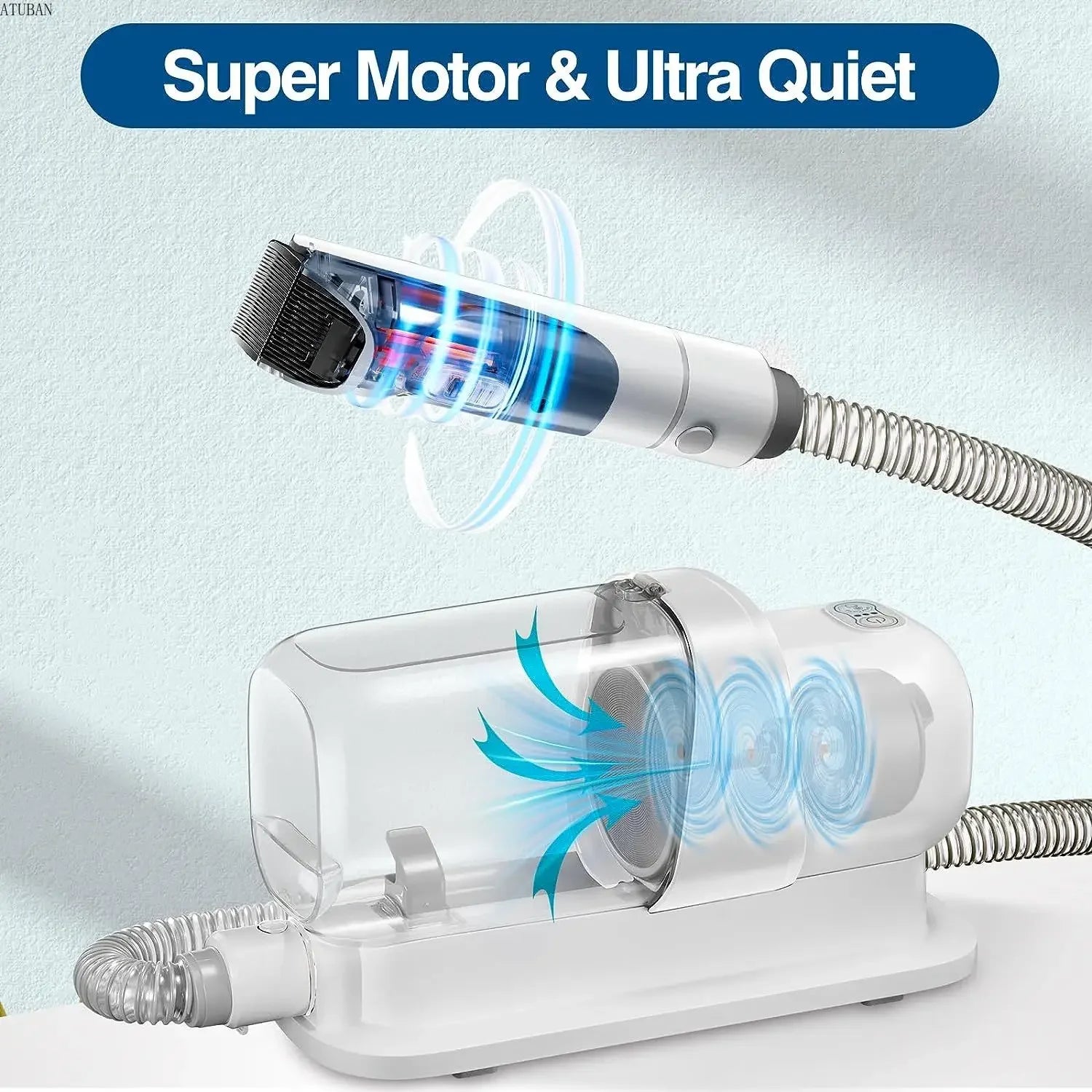 Dog grooming vacuum with powerful motor and ultra quiet design, showcasing 2.3L dust cup and flexible hose.