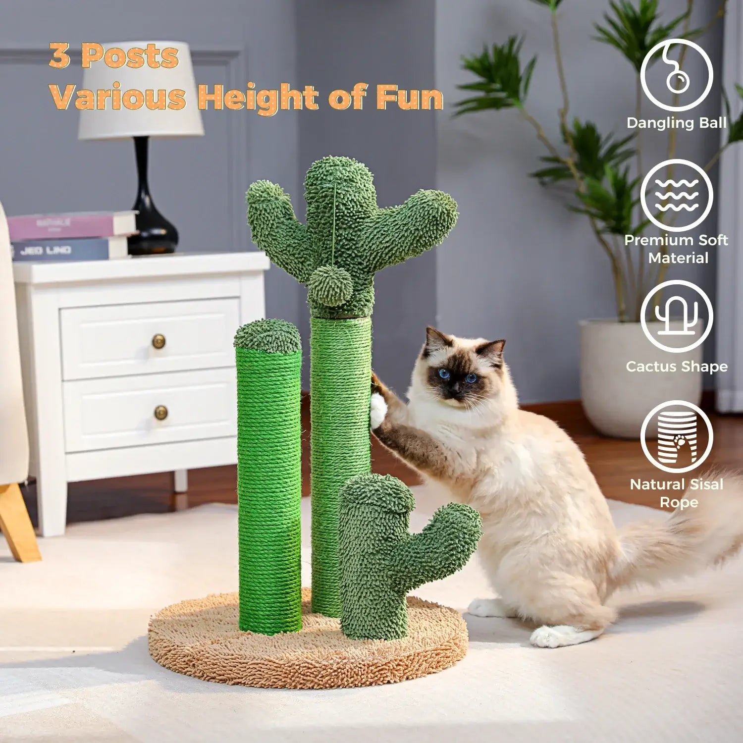 Cactus Cat Scratching Post-KittyCacti with three sisal-wrapped posts and a dangling ball, enhancing feline playtime.