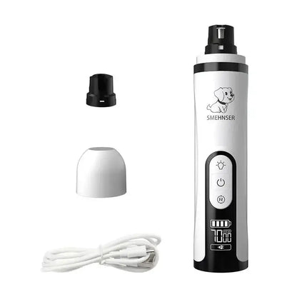 SilentGlow LED pet nail grinder with USB charging cable and attachments for dogs and cats in a sleek design.