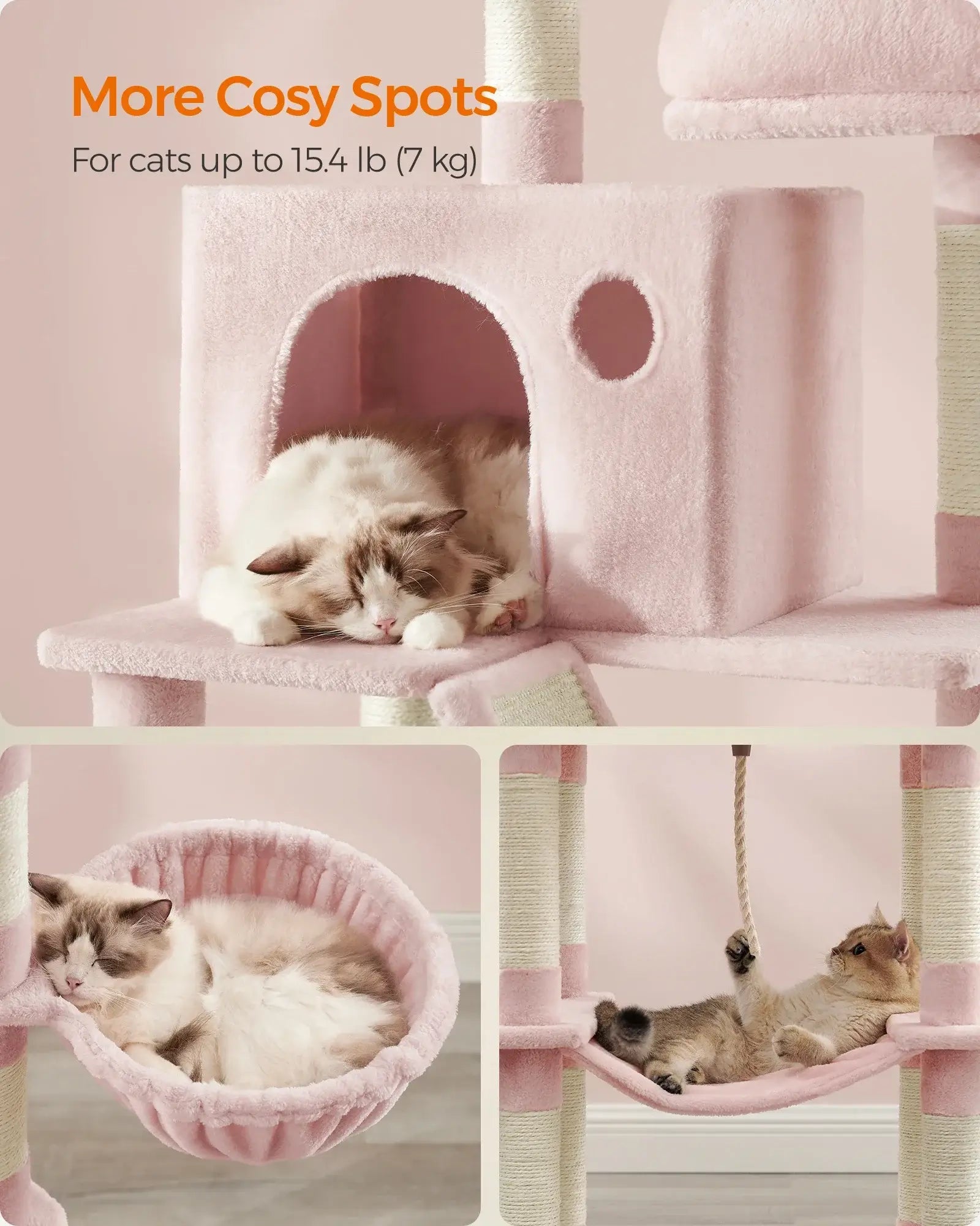 Cozy cat spots in a pink multi-level cat tree with sleeping cats and hammocks for feline enjoyment.