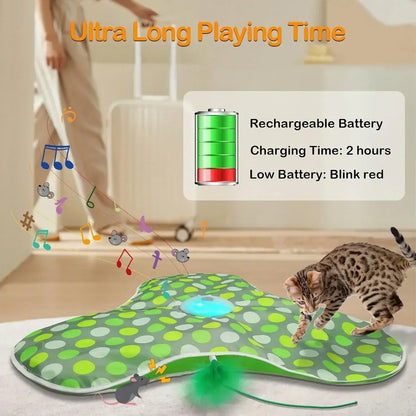 Interactive cat toy with squeaky mouse, featuring ultra long playing time and rechargeable battery.