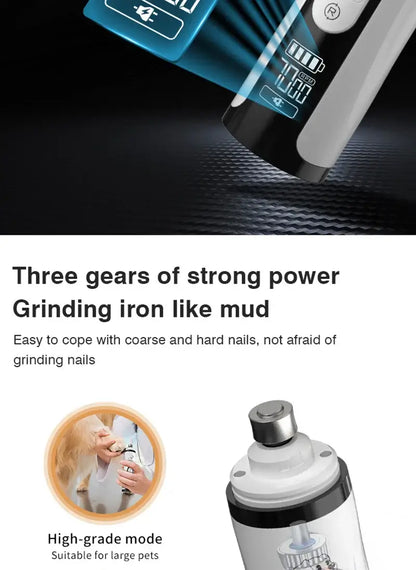 SilentGlow LED pet nail grinder showing three power settings and high-grade mode for easy nail grinding.