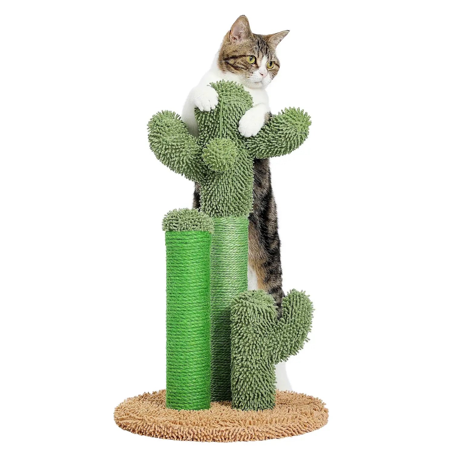 Cactus Cat Scratching Post-KittyCacti with a playful cat, featuring green sisal poles and a soft base.