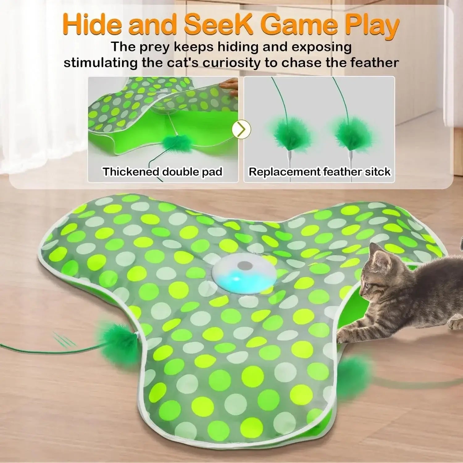 Interactive cat toy with squeaky mouse featuring thickened double pad and replacement feather stick for hide and seek play.