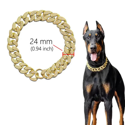 Golden diamond inlay dog collar displayed on a Doberman, showcasing a 24 mm width for luxury pet accessories.
