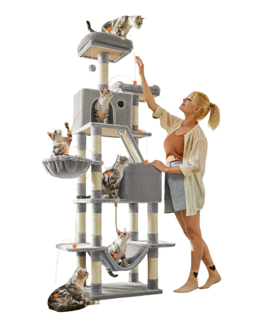 PurrTower 206cm multi-level cat tree with six cats playing and a woman interacting, featuring hammocks and scratching posts.