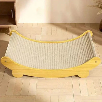 Wooden cat scratcher and bed design with durable sisal surface for scratching and resting, protect furniture from cat claws.