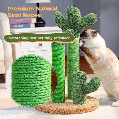 Cat enjoying the Cactus Cat Scratching Post wrapped in natural sisal ropes, designed for playful scratching.