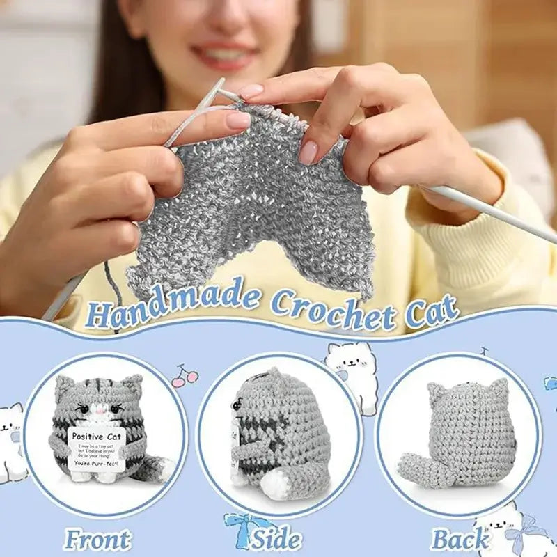 Handmade Crochet Cat Ornament-Doll being crafted by a person, showcasing front, side, and back views.