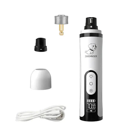 SilentGlow LED pet nail grinder with USB charging, attachments, and controls for dogs and cats grooming.