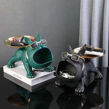 Stylish bulldog resin statues in green and black, serving as decorative storage boxes with trays for essentials.