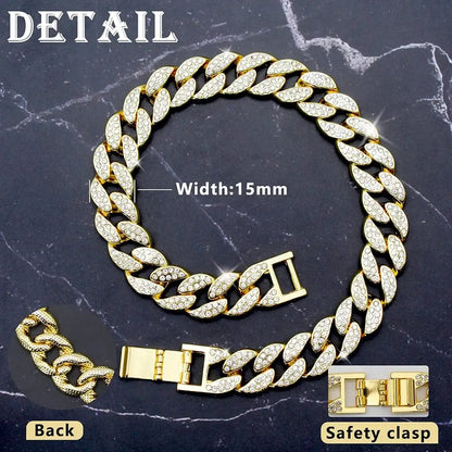 Golden Sparkle Diamond Dog Collar showcasing Cuban link design with zirconia diamonds, 15mm width and safety clasp detail.