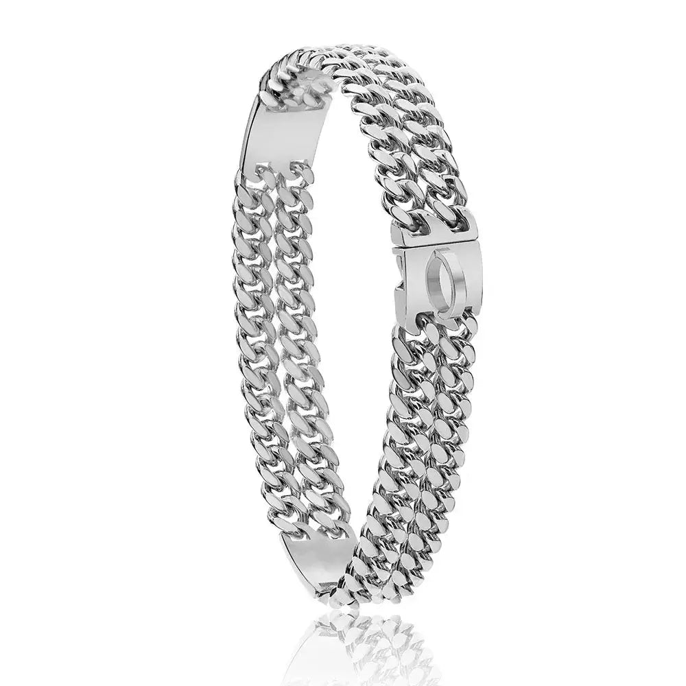 Silver chain bracelet with a sleek design, showcasing interlocking links and a secure clasp.