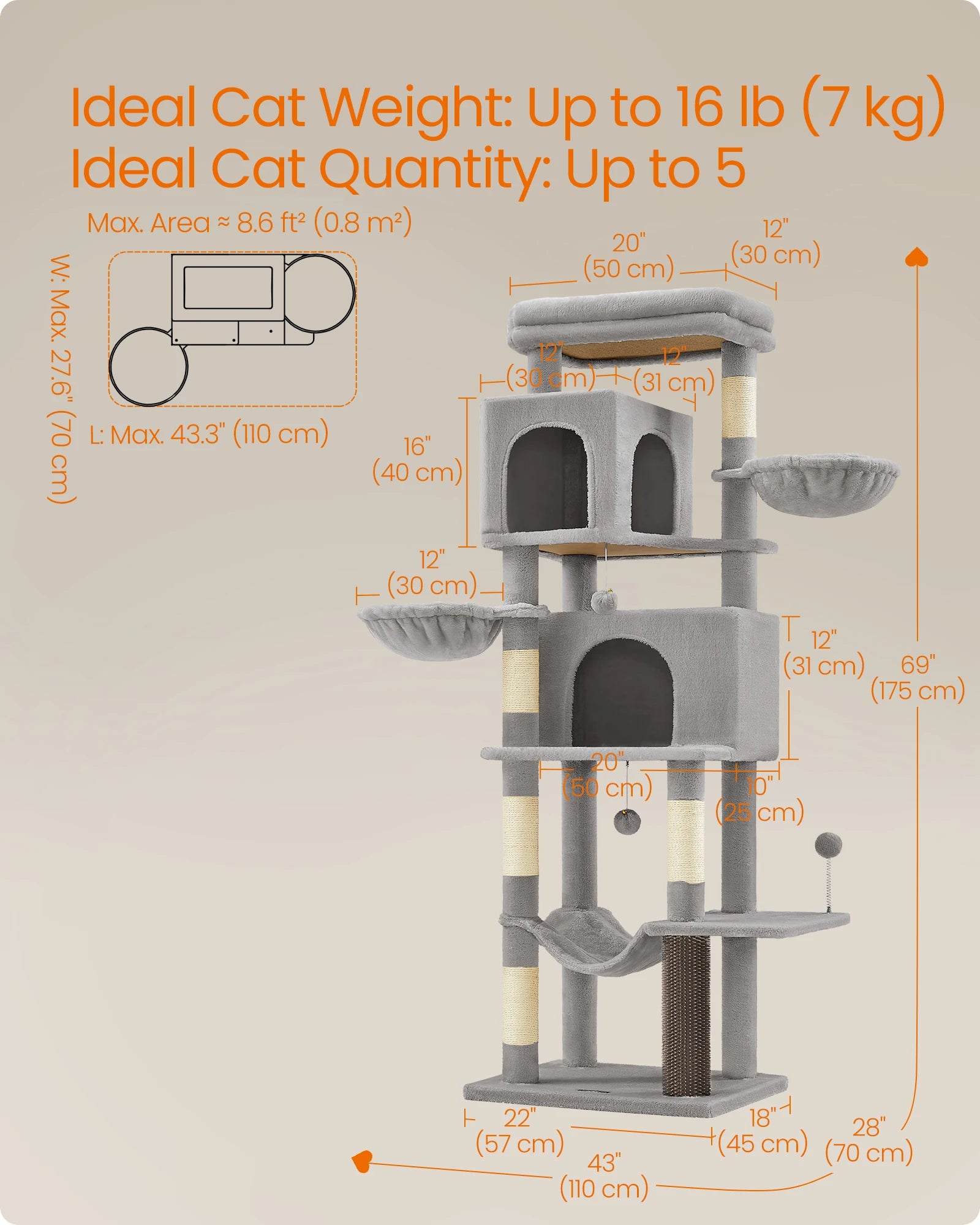 Cat tower for large cats with multiple levels, scratching posts, and dimensions suitable for 5 cats, designed for play and rest.