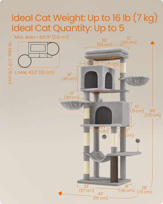Cat tower for large cats with multiple levels, scratching posts, and dimensions suitable for 5 cats, designed for play and rest.
