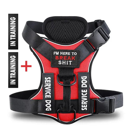 Red service dog harness with 'I'm Here to Break Shit' and 'In Training' patches for visibility and comfort.