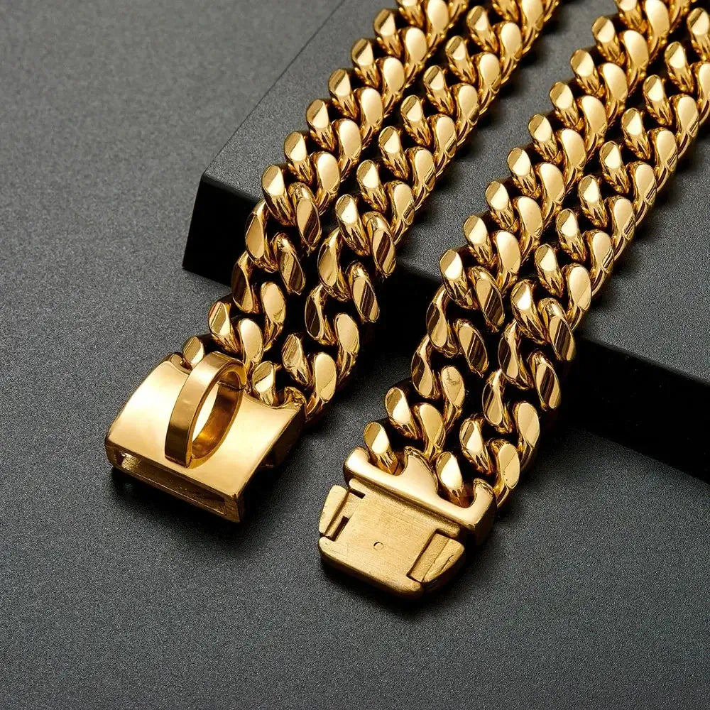 Stylish gold dog chain collar with strong metal links and secure buckle, perfect for training and walking medium to large dogs.